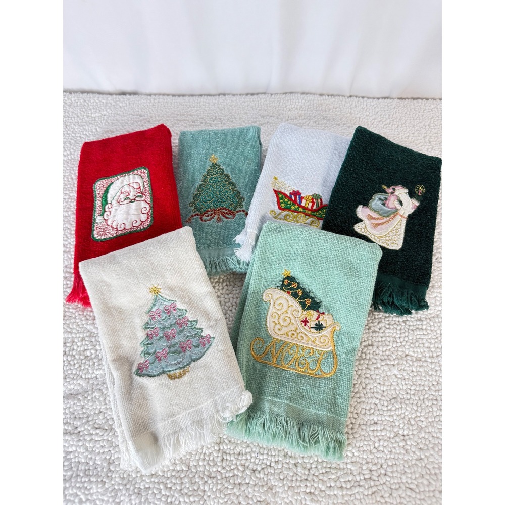 VTG Set of 6 Embroidered Christmas Tea Towels Santa Tree Sleigh Angel
